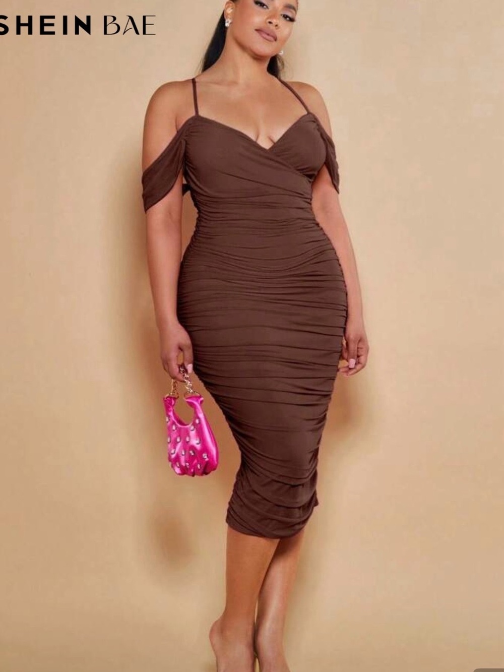 SHEIN Brown Ruched Cold-Shoulder Midi Dress